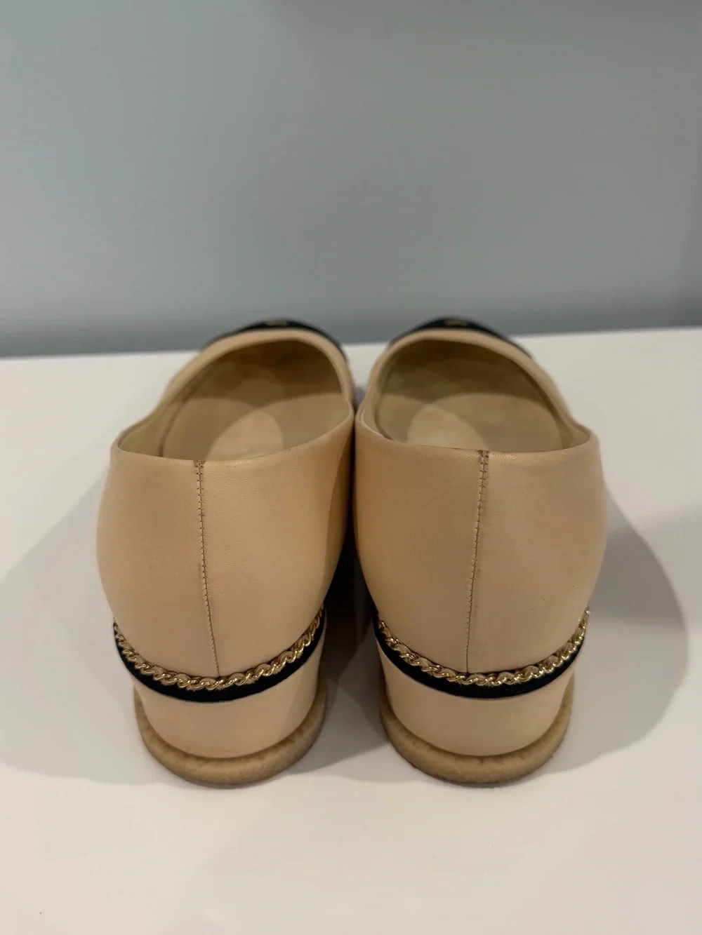 CHANEL Beige and Black Cap-Toe Chain-Trim Wedges